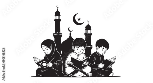 Children reading holy books with mosque silhouette isolated illustration