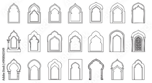 Collection of islamic architectural window and arch designs isolated