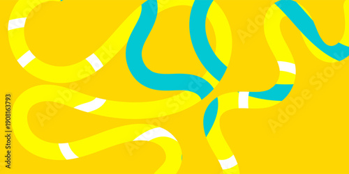 A dynamic abstract image featuring wavy lines in vibrant blue and yellow tones. The intertwining shapes and colors create a lively, psychedelic pattern with a retro vibe.