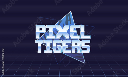 Pixel Tigers retro futuristic glow logo. 1980s arcade style design with neon grid for gaming events, party posters and digital banners, invitations. Vector illustration.