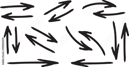 A collection of hand drawn black arrows pointing in various directions on a white background