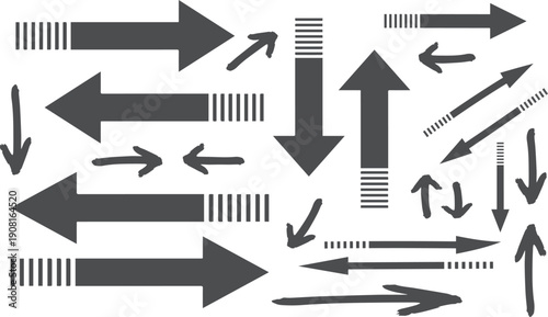 Collection of black arrows pointing in various directions on white background