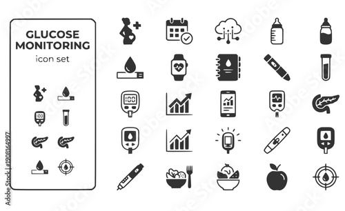 Glucose Monitoring Gestational-Diabetes Blood-Sugar Glucose-Test Sugar-Levels Diabetes-Tracking Pregnancy-Glucose Vector Icon Set - Glucose Track