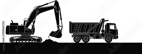 Black silhouette of heavy excavator loading dirt into industrial dump truck on construction site ground isolated on white background for civil engineering design