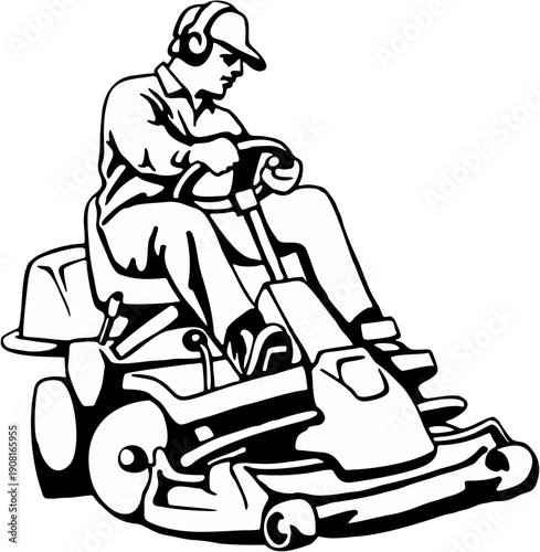 A man in silhouette riding a lawn mower with headphones on a white background