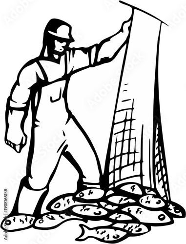 A fisherman standing proudly with a large catch of fish in his net silhouette