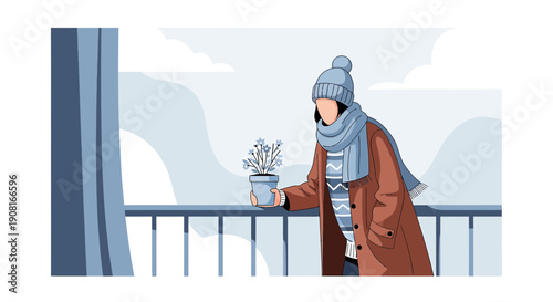 Woman in Winter Clothes Holding Potted Plant on Balcony