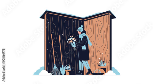Woman in Winter Coat Arranging Flowers in Wooden Shed