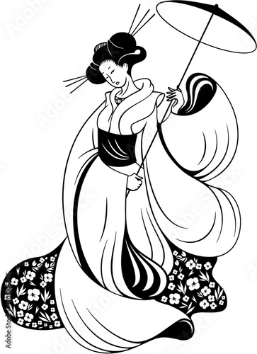 A traditional Japanese geisha in silhouette holding an umbrella