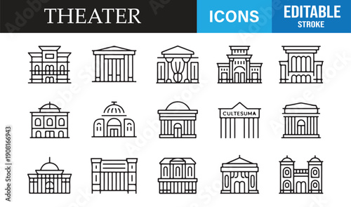 Classic theater facade outline icons vector collection