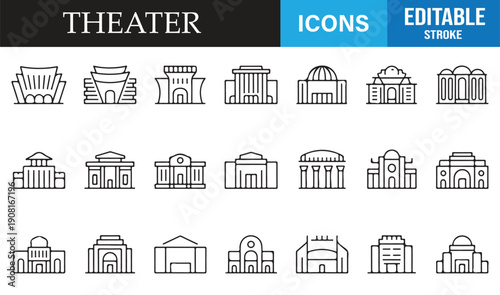 Cinema and theater architecture minimal line icon collection editable vector