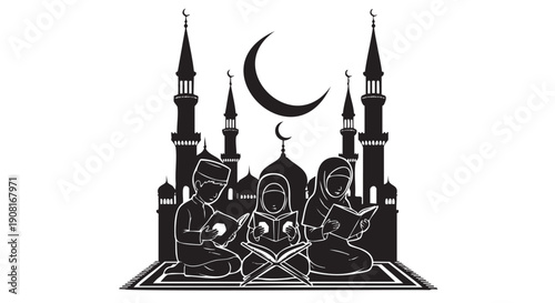 Illustrationofchildrenreadingquraninfrontofmosqueandcrescentmoon