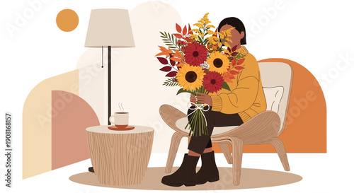 Woman in armchair holding autumn bouquet, cozy interior, warm colors, flat illustration