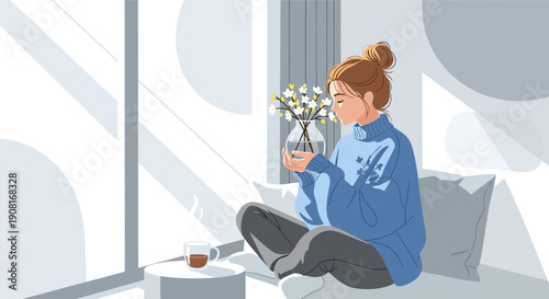 Woman in Cozy Sweater Enjoying Flowers by Window Light, Peaceful Morning Illustration