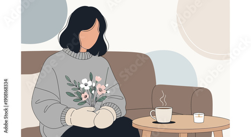 Woman in cozy sweater holding flowers, coffee on table, minimalist illustration