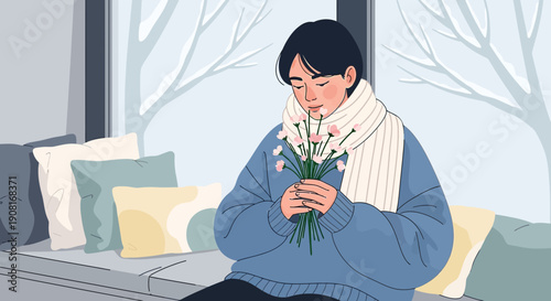 Woman in Cozy Sweater Sniffing Flowers by Winter Window