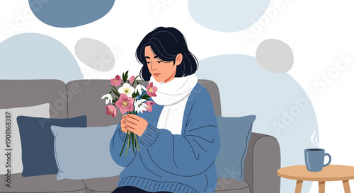 Woman in Cozy Sweater with Bouquet of Flowers at Home