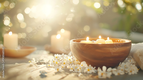 Serene spa setting featuring wooden bowl with floating candles surrounded by delicate flowers, creating calming atmosphere