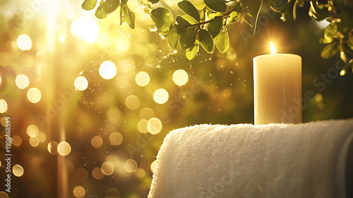 Serene candle glowing softly on towel, surrounded by nature beauty, creates tranquil atmosphere perfect for relaxation and rejuvenation