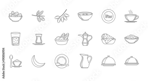Collection of Islamic Finance Icons showcasing growth charts, money, and financial analysis tools.