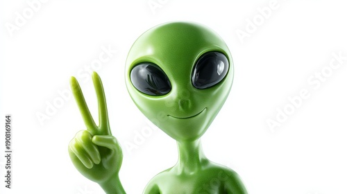 Friendly green alien with peace gesture on white background