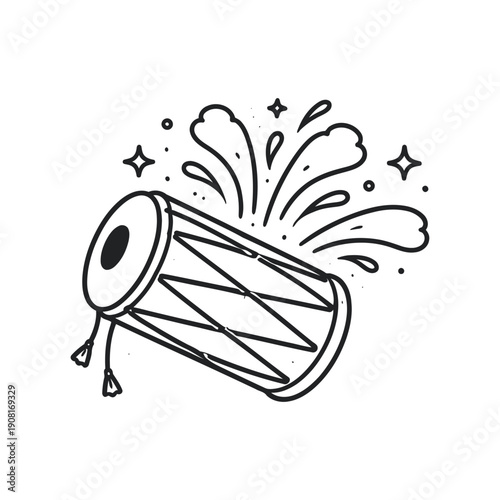 Drum exploding with rhythmic energy, dynamic splashes, and starry sparks in monochrome illustration