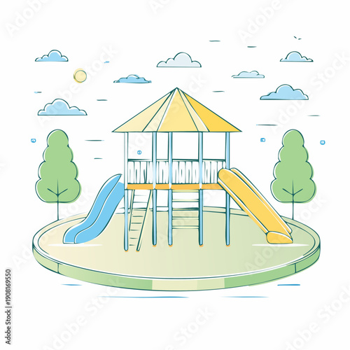 Colorful playground with climbing structure and slides.
