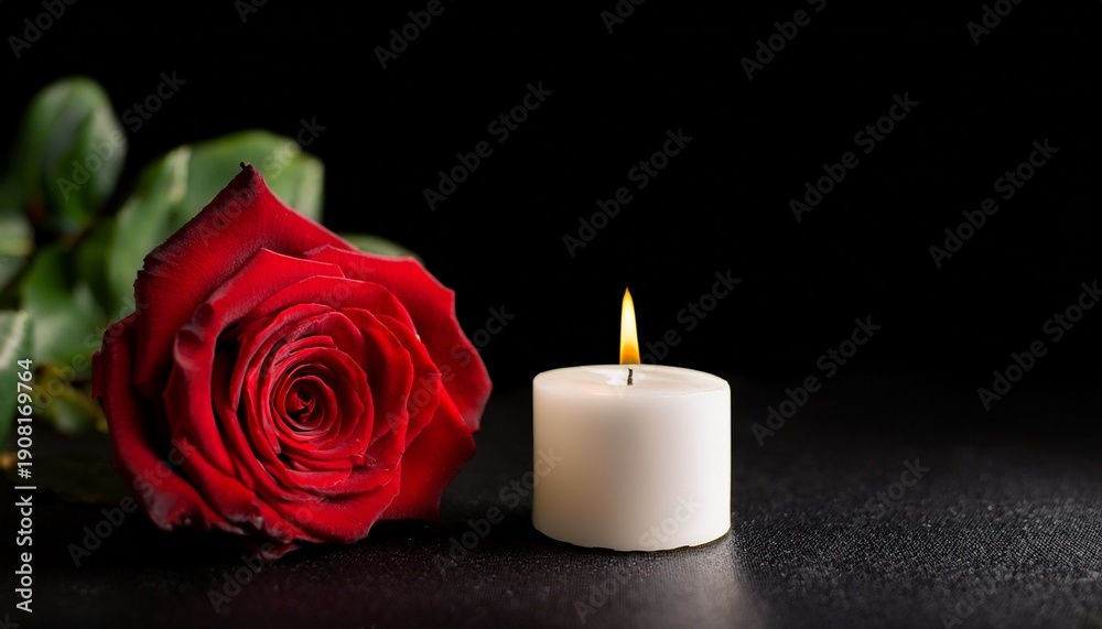 Fototapeta premium the concept of remembrance funerals and condolences candle and red rose on black background free space for text funeral flowers grief death loss ceremony floral sadness cemetery mourning dead