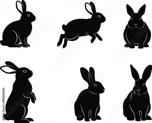 Collection of six black silhouette rabbit illustrations in various poses