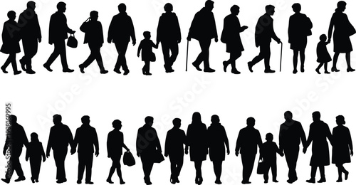 People silhouettes of different ages walking together, representing family, generations, aging society, urban life, population diversity, human movement, and social lifestyle concept