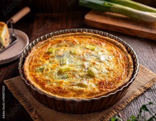 homemade quiche lorraine with leeks swiss gruyere and soft goat cheese with scrumptious golden crust on kitchen tables copy space