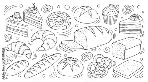 Sketch Doodle Hand Drawn Doodle Outline of Bakery Products