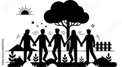 Community of people standing together in unity amidst nature's embrace Vector