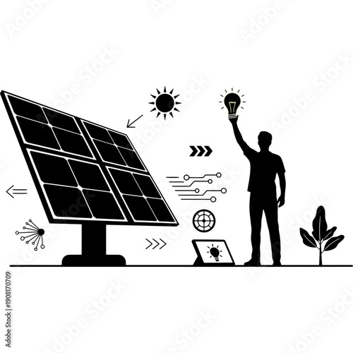 Person utilizing renewable energy sources and modern technology for sustainable living. Vector