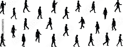 Seamless pattern of walking people silhouettes representing urban crowd movement, daily commuters, human activity, society, lifestyle, motion, and modern city life concept