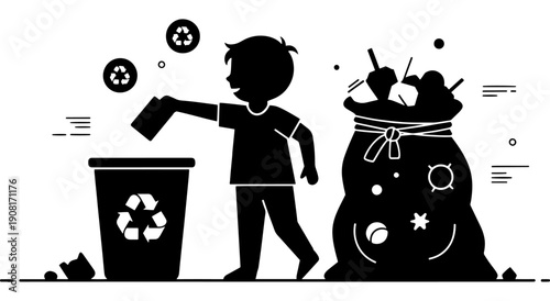 Child demonstrating proper waste sorting and recycling practices for environmental conservation Vector