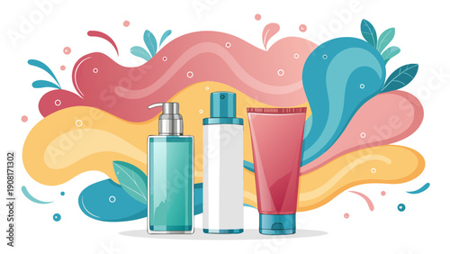 Modern cosmetic containers with pump and cap featuring a vibrant abstract liquid splash background in pastel pink yellow and teal conveying beauty and skincare concepts
