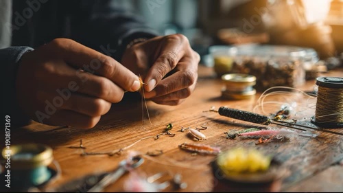 Angler hands tying fly fishing lure on wooden table
