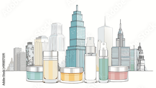 Modern cosmetic skincare bottles and jars arranged like a city skyline with diverse architectural styles symbolizing urban beauty self care routines and metropolitan lifestyle