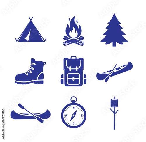 Camping and hiking icons including tent campfire tree boot backpack canoe compass