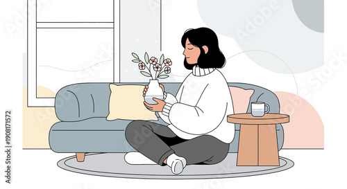 Woman holding vase with flowers in cozy living room, minimalist illustration