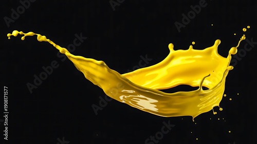 Yellow liquid paint splash isolated on dark background

