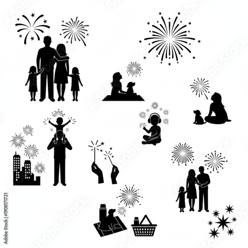 Collection of diverse family and celebration scenes depicted as modern, minimalist icons with fireworks and cityscapes