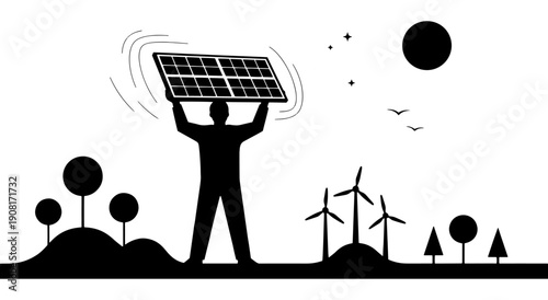 A person embracing renewable energy amidst a serene landscape with solar and wind power elements. Vector