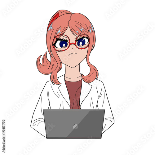 ノートパソコンで作業をしている白衣を着た女性