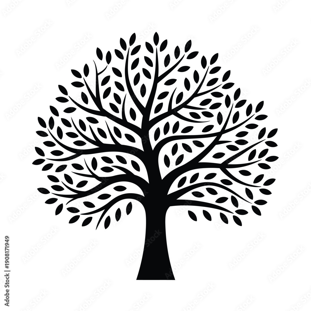 Fototapeta premium Simple black silhouette of a full leafy tree with a thick trunk