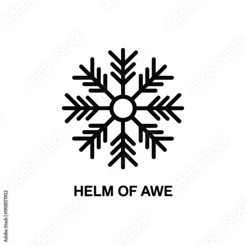 A stylized black snowflake design with the text helm of awe below