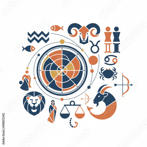 Vibrant Astrological Zodiac Sign Collection with Horoscope Wheel Illustration, Depicting All Twelve Constellation Symbols in a Modern, Flat Design Style for Mystic and Spiritual Content