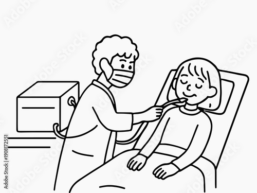 Doctor Examining Patient in Hospital Bed Line Art Medical Care Illustration