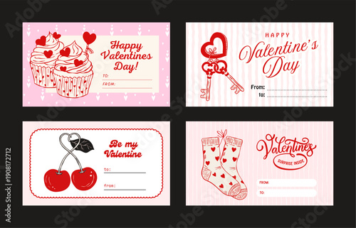 Whimsical Coquette Valentine’s Day Sketch Tag And Label Set With Cupcake, Heart Keys, Cherry And Cute Socks